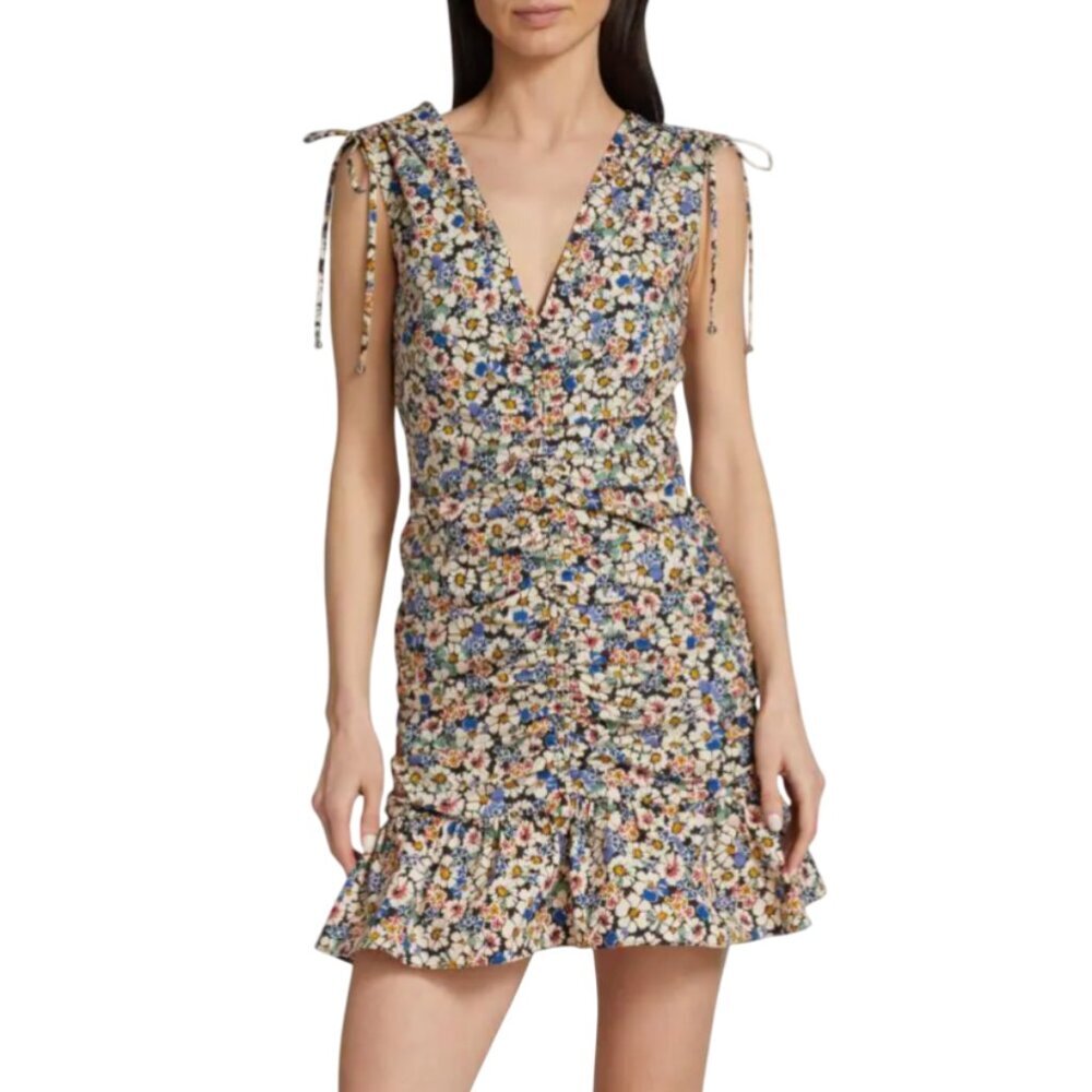 NWT Veronica Beard Jackson Mini Dress Womens 4 Black Floral V-Neck Ruched NEW